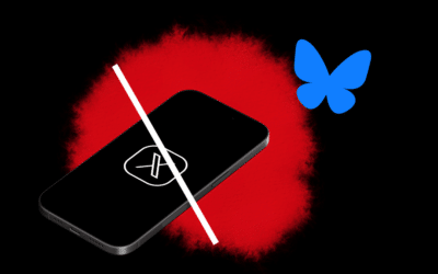 Un portable avec le logo de X posé sur une tache rouge et le papillon, logo de bluesky qui s'envole